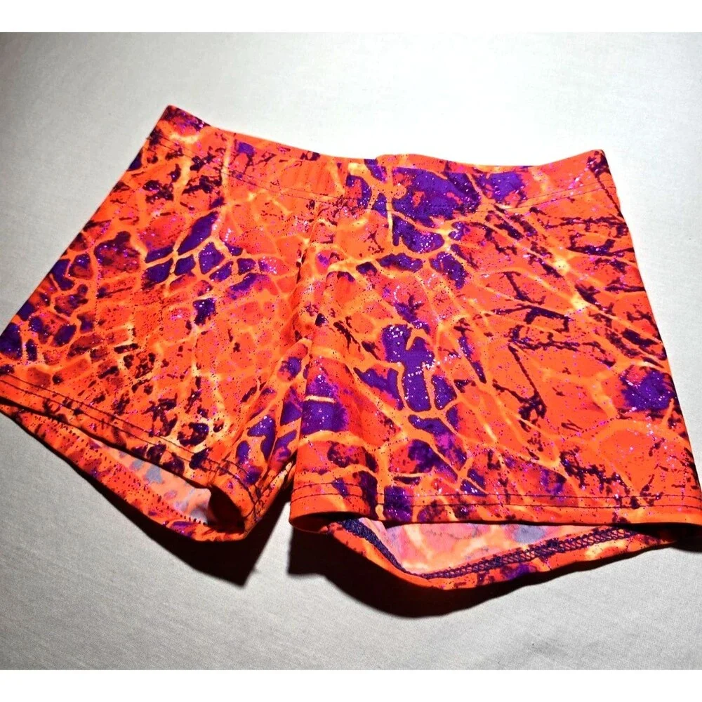Motionwear Orange Purple Lava Crackle Dance Gym Shorts SA, Fits like Large Child